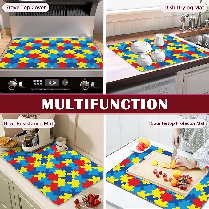 Electric Stove Top Cover Protector,Autism Awareness Puzzle Glass Flat Top Stove Mat,Heat-Resistant Oven Induction Cooktop Mat for Ceramic Countertop Mats Dish Drying Mat