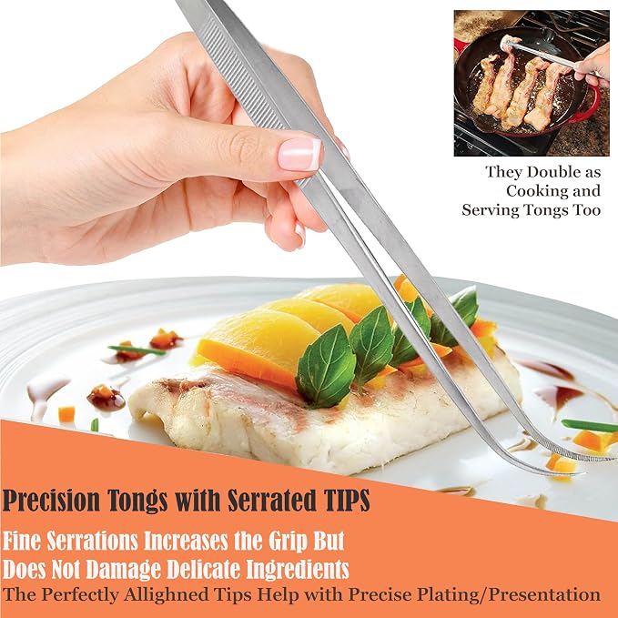 Professional Culinary Stainless Steel Precision Tongs with Serrated Tips, Plating/Food Presentation Detailing Serving Tongs, Chef's Kitchen Tweezer Tongs - Ultra Non-Slip Grip (10 Inch Curved)