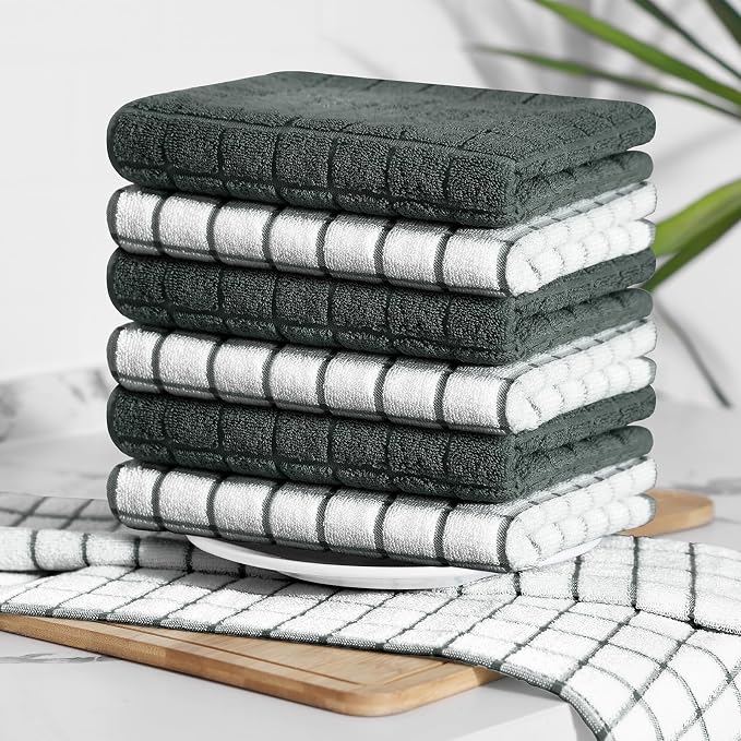 Homaxy Large Premium Cotton Kitchen Towels 16"x 28", 12 Pack, Dark Green | Natural Ring Spun 390 GSM Dish Towels, Super Absorbent Terry Kitchen Hand Towels, Soft Tea Towels with Hanging Loop