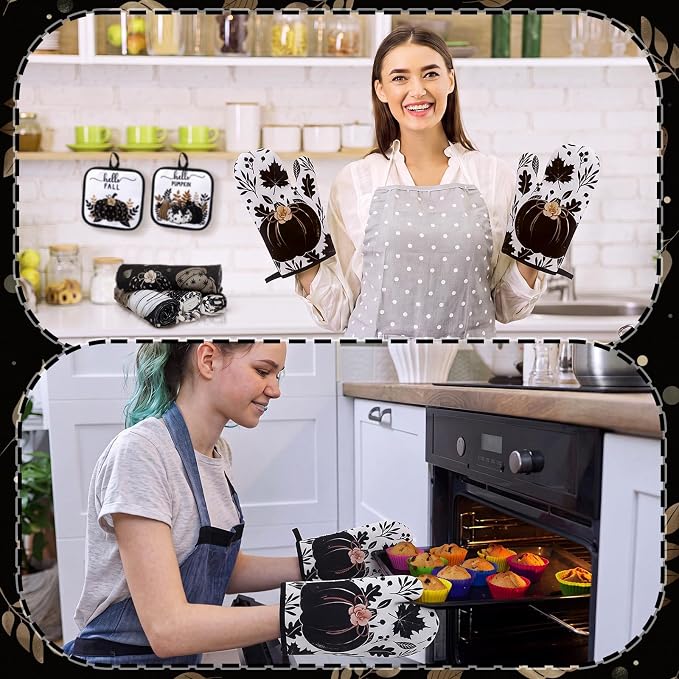 Fanfanwin 10 Pcs Fall Black Pumpkin Kitchen Decor Set Kitchen Towels Pot Holders Oven Mitts and Rugs Set Thanksgiving Towels for Cooking Baking Gift Harvest Autumn Home Decor