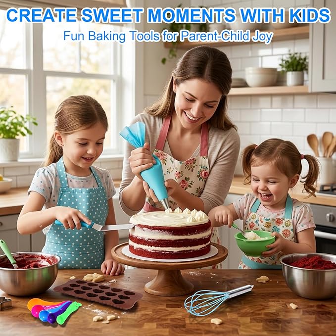 366-Piece Cake Decorating Kit, 60 Piping Tips with Storage Box | Complete set with 60 stainless steel piping tips, 100 piping bags, spatulas, scrapers, molds and a 3-tier storage box.
