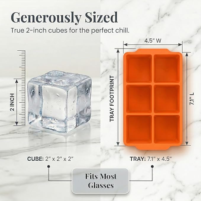 KitchFort® Large Silicone Ice Cube Tray (2-Pack) - 2" Big Ice Mold with Lid | Easy Release, Cocktail, Whiskey Ice Cubes Mold - Food Grade - Ice Cube Trays for Freezer - Stackable Silicone Ice Tray