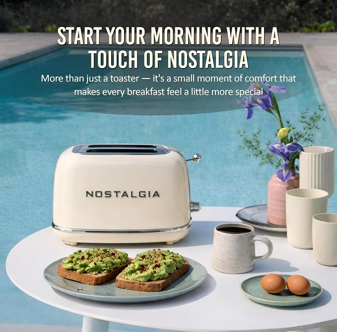 Nostalgia Classic Retro 2-Slice Toaster- Vintage Design- Enamel Coated Steel Body- Wide Slots for all Breads- Crumb Tray, Cord Storage- Defrost,Cancel and Bagel Function & 6 Toasting Levels- Cream