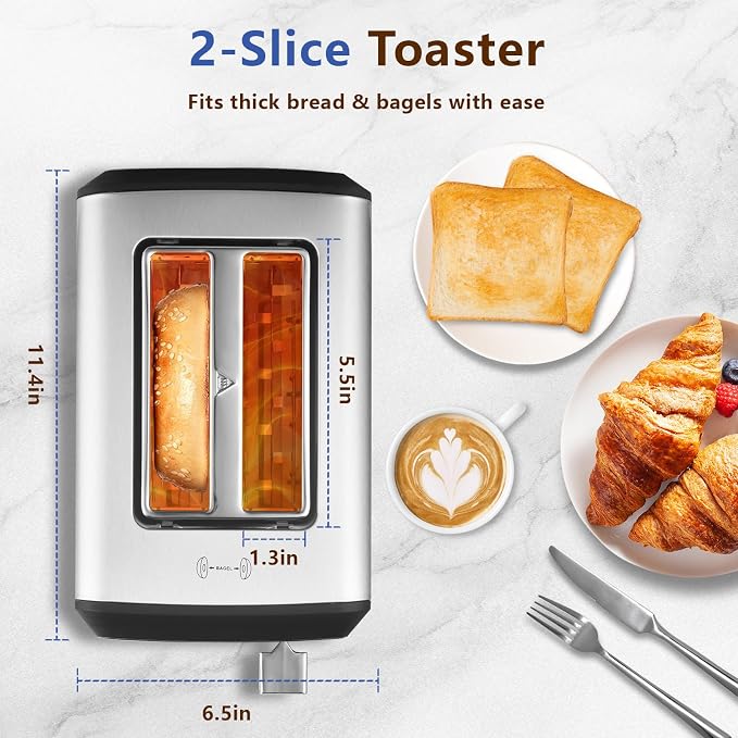SAKAMOSH 2-Slice Touchscreen Toaster with bagel function | Even Toasting, 6 Browning Levels, Defrost and Cancel, Wide Slots Fit Thick Bread, Easy-clean Tray, Ideals for Busy Mornings