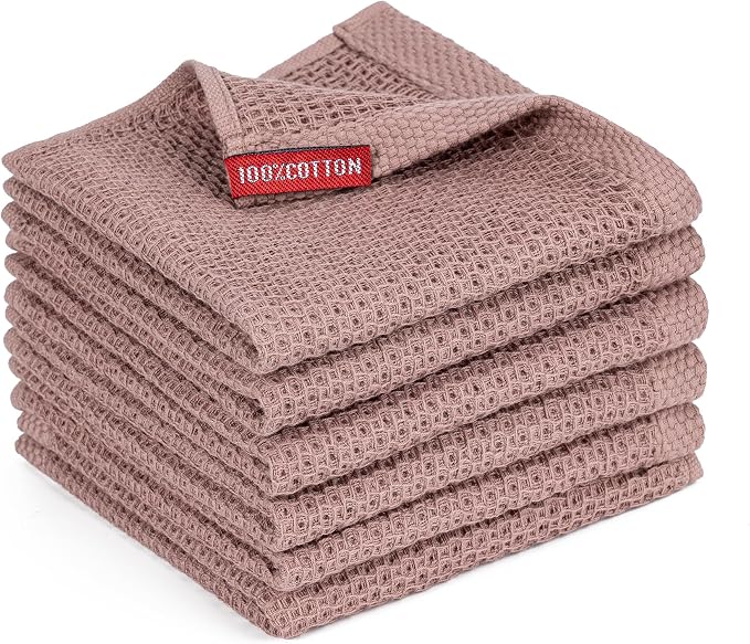Kitchen Towels 6-Pack Kitchen Dish Cloths,100% Cotton,12x12 In,Brown ﻿ | Towels Waffle Weave,Ultra Soft Absorbent, Quick Drying