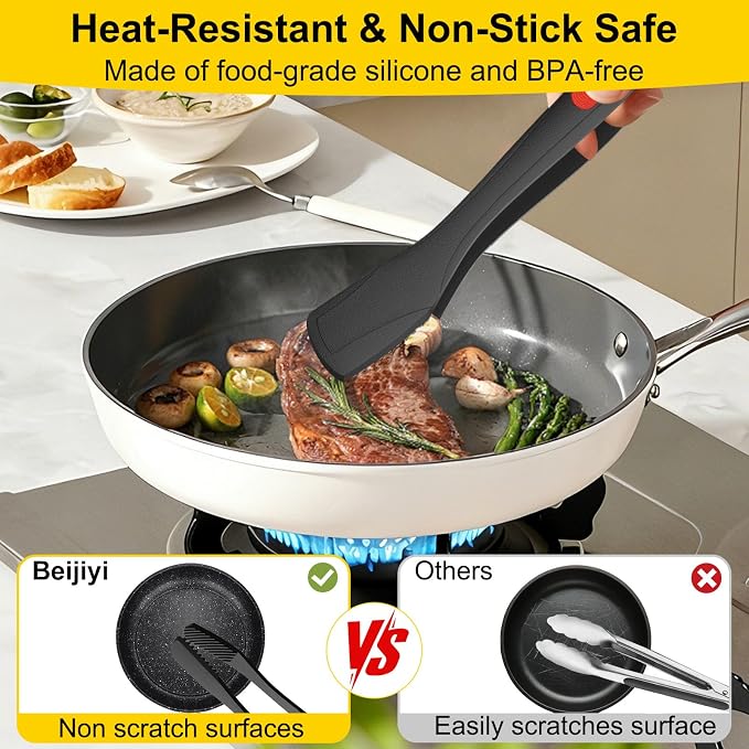 Beijiyi Silicone Kitchen Tongs for Cooking, 9" & 12", Heat Resistant, Black | BPA-Free Silicone Tip, Non-Stick Safe, Stainless Steel Core, Food Tongs for Cooking, Serving and Grilling, Dishwasher Safe