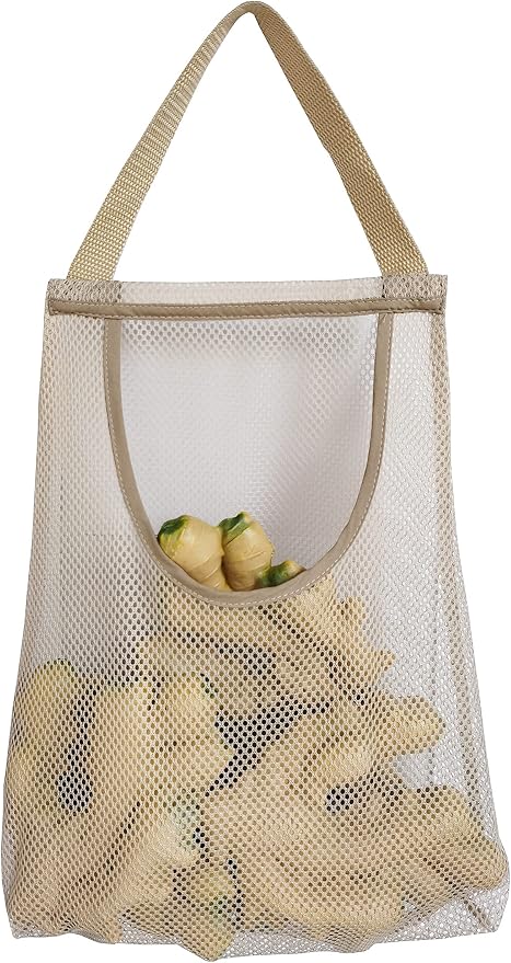 5 Pack Hanging Mesh Storage Bags Potatoes Bag Onion Mesh Garlic Net Long and Large Reusable Net Storage Produce Bags for Kitchen Reusable Grocery Bags (Top opening beige)