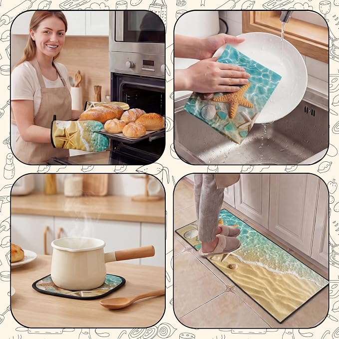 10 Pcs Starfish Beach Kitchen Decor and Accessories Set, 4 Kitchen Dish Towels 2 Rugs 2 Oven Mitts 2 Pot Holders, Home Decor for Cooking Baking BBQ Gifts Women Mom Housewarming