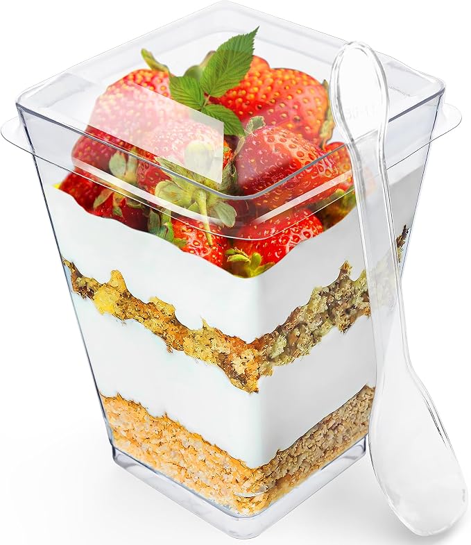 200 Pack 5 oz Dessert Cups with Lids and Spoons, Plastic Parfait | 600 pcs serves 200; disposable clear mini party set for mousse, tiramisu, pudding, appetizer, salad, yogurt, cake, wedding
