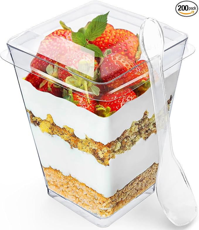 200 Pack 5 oz Dessert Cups with Lids and Spoons, Plastic Parfait | 600 pcs serves 200; disposable clear mini party set for mousse, tiramisu, pudding, appetizer, salad, yogurt, cake, wedding