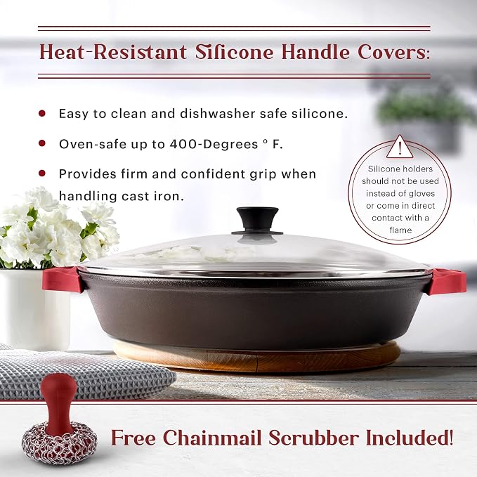 Cuisinel Cast Iron Skillet + Glass Lid + Red Chainmail Scrubber - 15"-Inch Dual Handle Braiser Frying Pan + Silicone Handle Covers - Pre-Seasoned Oven Cookware - Indoor/Outdoor. PFAS and PFOA-free