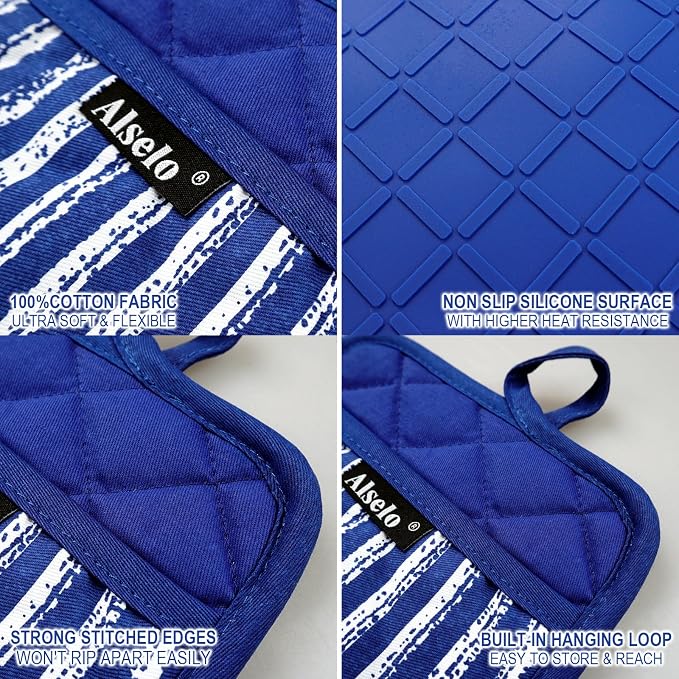 Alselo Silicone Pot Holders Set of 3 Heat Resistant & Non Slip Potholders | Professional Oven Hot Pads with Pockets Mitts for Kitchen Cooking Baking Barbecue (Cobait Blue, 3)