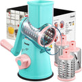 Geedel Rotary Cheese Grater, Kitchen Mandoline Vegetable Slicer with 3 Interchangeable Blades, Easy to Clean Rotary Grater Slicer for Fruit, Vegetables, Nuts | 3 Blades, 430 Stainless Steel, 12x Fast Cutting, Strong Suction Base, No BPA, Dishwasher Saf...