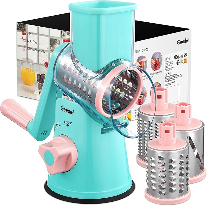 Geedel Rotary Cheese Grater, Kitchen Mandoline Vegetable Slicer with 3 Interchangeable Blades, Easy to Clean Rotary Grater Slicer for Fruit, Vegetables, Nuts | 3 Blades, 430 Stainless Steel, 12x Fast Cutting, Strong Suction Base, No BPA, Dishwasher Saf...
