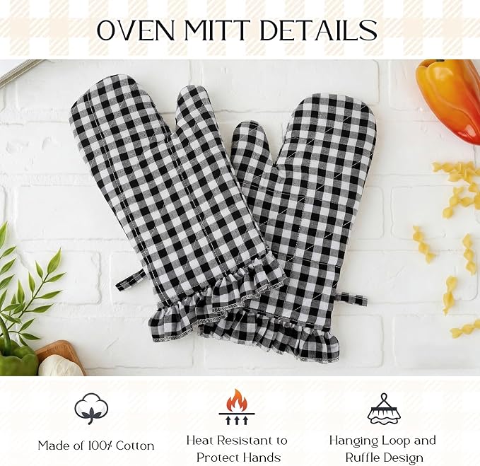 Twistover Checkered Oven Mitts 2-Pack Set, Cotton Gloves,Black | 13.5x6.5 Inch Size with Ruffle Trim, Non-slip Heat Resistant for Baking BBQ Microwave, Plaid Cotton for Cooking