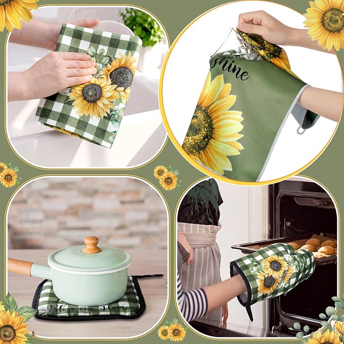 Leinuosen 8 Pcs Sunflower Green and White Checkered Kitchen Towels and Dishcloths Sets Pot Holders and Oven Mitts Sets Absorbent Kitchen Gloves Potholders Heat Resistant for Chef Baking Cooking
