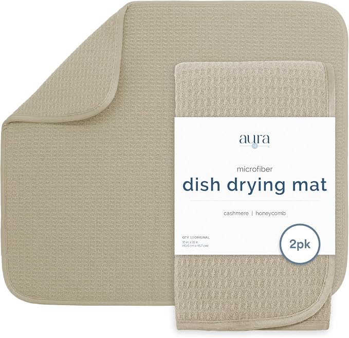 S&T INC. Dish Drying Mat, 2 Pack, 16" x 18", Large, Beige | Absorbent Microfiber, 2PK Kitchen Counter Mat for Dishes, Utensils, Pots and Pans, Machine Washable