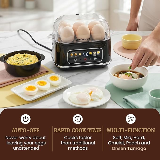 Elite Gourmet Digital Egg Cooker, 6-Egg, Onsen Tamago, Black | One-touch menu cooks soft, medium, or hard-boiled eggs plus poached eggs and omelets - audible alert on/off - auto shut-off