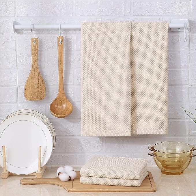 Kitinjoy 100% Cotton Waffle 4-Pack Kitchen Towels, 13" x 28", Beige | Super Soft, Ultra-Absorbent, Fast Drying, lightweight, Quick Drying Kitchen Hand Towels