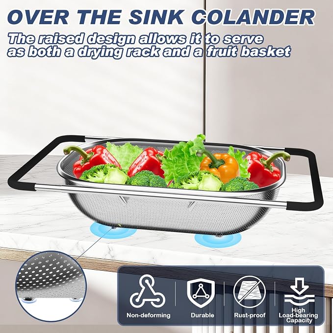 Over the Sink Colander, Expandable Strainers and Colanders with Fine Mesh, Colander for Kitchen with Rubber Grip for Draining Pasta, Vegetables and Fruits - Essential Kitchen Sink Strainer