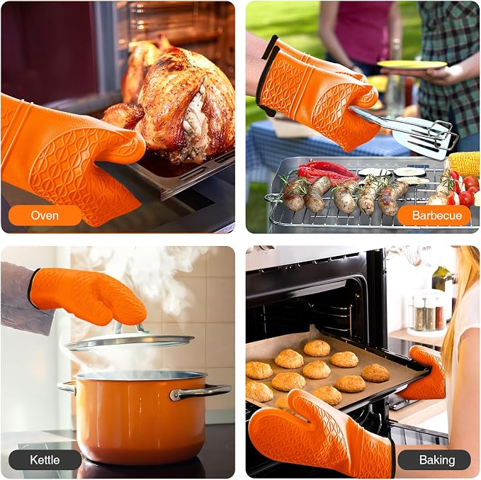Silicone Oven Mitts, Heat Resistant 2PCS Oven Mitts with Soft Cotton Lining, Waterproof Non-Slip Grip Oven Glove, Kitchen Potholder Mits for BBQ, Baking, Cooking, 12.5 Inch - Orange