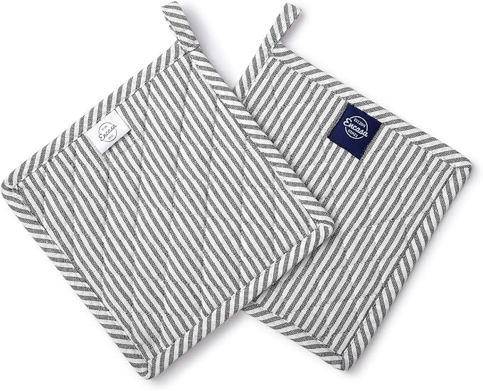 Encasa XO Pot Holders, Quilted Kitchen Hot Pads 8"x8" Ticking Black | 100% Eco-Friendly Cotton | Thick Cotton Padding Insulation | Convenient Hanging Loop | Set of 2