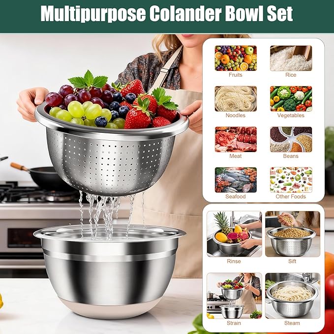 Stainless Steel Mixing Bowls Set with Lids & Silicone Base - 7-Piece Kitchen Gadgets Includes Colander, Grater, Egg Separator, Whisk - Nesting Bowls (1.5, 2, 2.5, 4.5 QT), Dishwasher Safe, Khaki