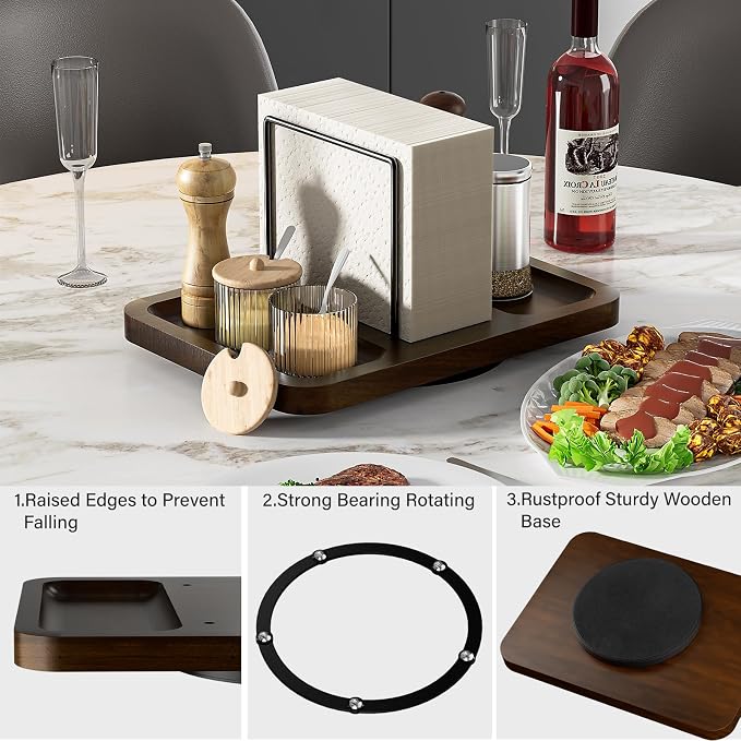 Rotating Napkin Holder for Table with Salt and Pepper Shakers Caddy | Standing Napkin Dispenser, Wood Paper Towel Holder for Bathroom Kitchen Dining Table Decor
