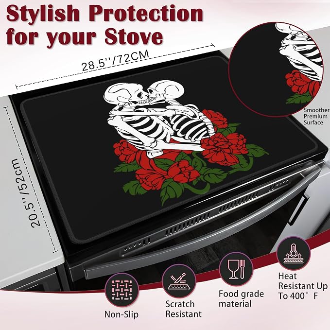 Skull Red Rose Electric Stove Top Cover Protector,Flowers Skeleton Glass Flat Top Stove Mat,Heat-Resistant Oven Induction Cooktop Mat for Ceramic Countertop Mats Dish Drying Mat