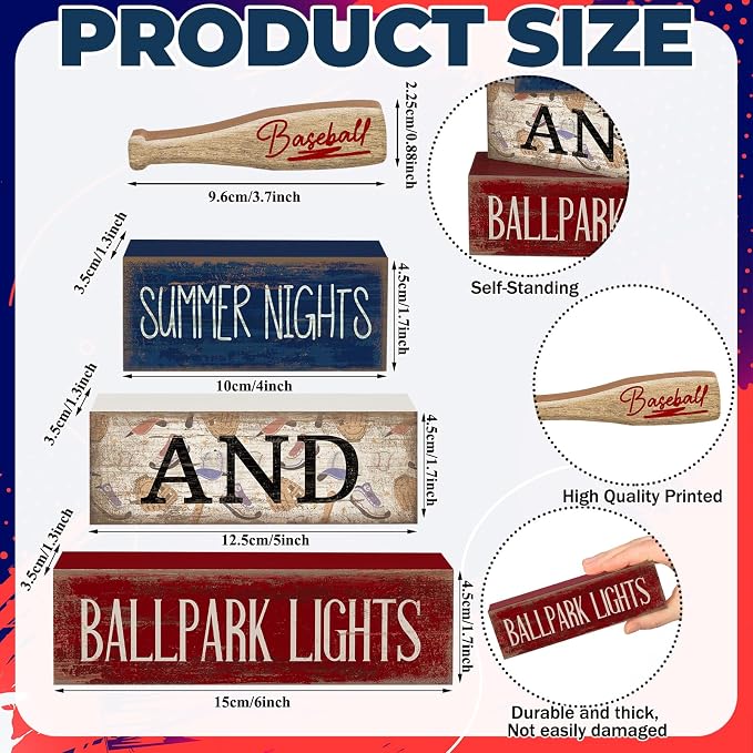 Lineshading 4 Pcs Baseball Wooden Blocks Sign with Bat, Blue White Red | Summer Nights Ballpark Lights Farmhouse Style, Party Centerpiece Room Tiered Tray, Stackable Blocks for Fans Boys Decor