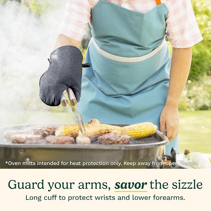 Cuisinart Chambray Kitchen Oven Mitts, Heat-Resistant, 2-Pack, 7"x13" | Non-slip neoprene palm grips up to 350°F, long cuff shields forearms, hang loop for storage, handles cast iron and grilling