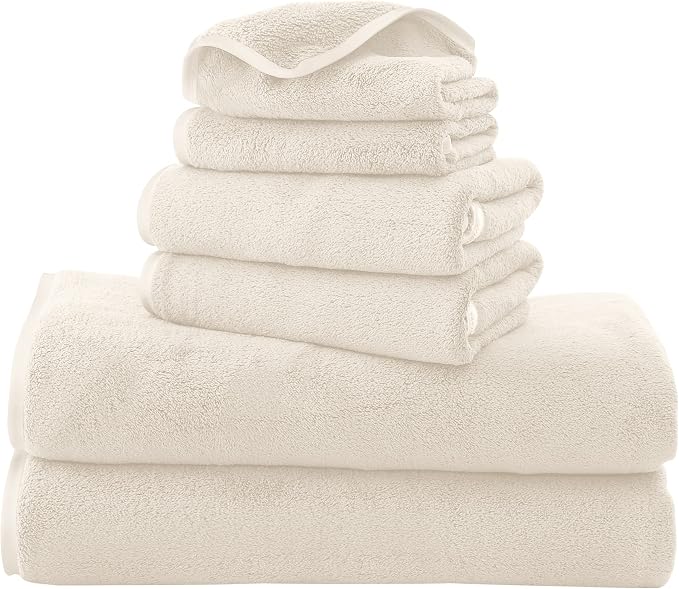 TENSTARS Luxury Silk Hemming Towel Set - Light Thin Quick Drying - 2 Bath Towels 2 Hand Towels 2 Washcloths - Ultra Soft Microfiber Towel for Bath Fitness, Sports, Yoga, Travel (Cream 6 Pieces)