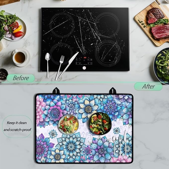 Bohemian Lotus Flower Print Stove Top Covers for Electric Stove Heat Resistant Silicone Cooktop Cover Anti-Slip Stovetop Protector Coffee Machine Mat for Kitchen, 29.18 x 20.96 inch