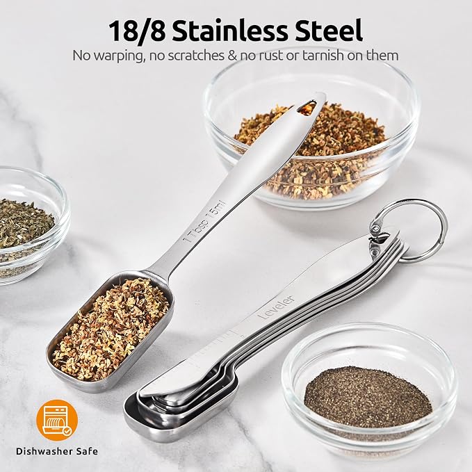 U-Taste Narrow Square Measuring Spoons, Metal Measure Set of 8 with Leveler | Long Handle Rectangular Teaspoon Tablespoon, 18/8 Stainless Steel Polygons Measure Spoon Set, Narrow Scoop for Spice Jars