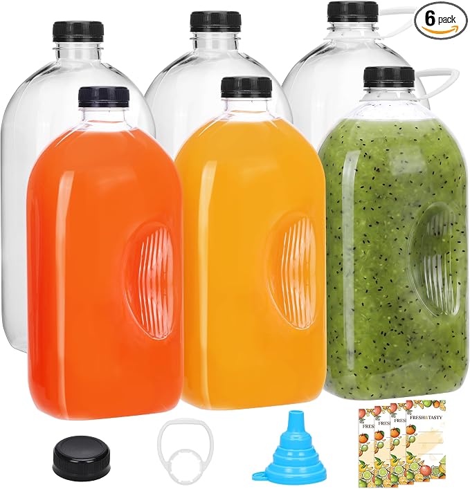 6pcs 64oz Reusable Plastic Juice Bottles with Caps, Accessories | Empty Beverage Containers with Lids and Sticker Labels, Funnel, pull handles for Juicing, Smoothies, Tea, Milk