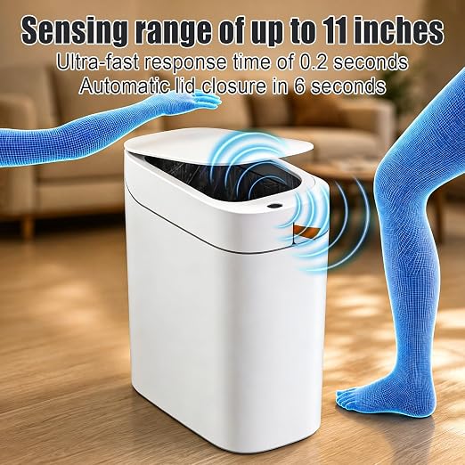 MOPUP Bathroom Trash Can, Automatic Bagging Garbage Can, 3.5 Gallon Slim Smart Small Plastic Trash Bin, Narrow Motion Sensor Trash Can for Bedroom, Office White
