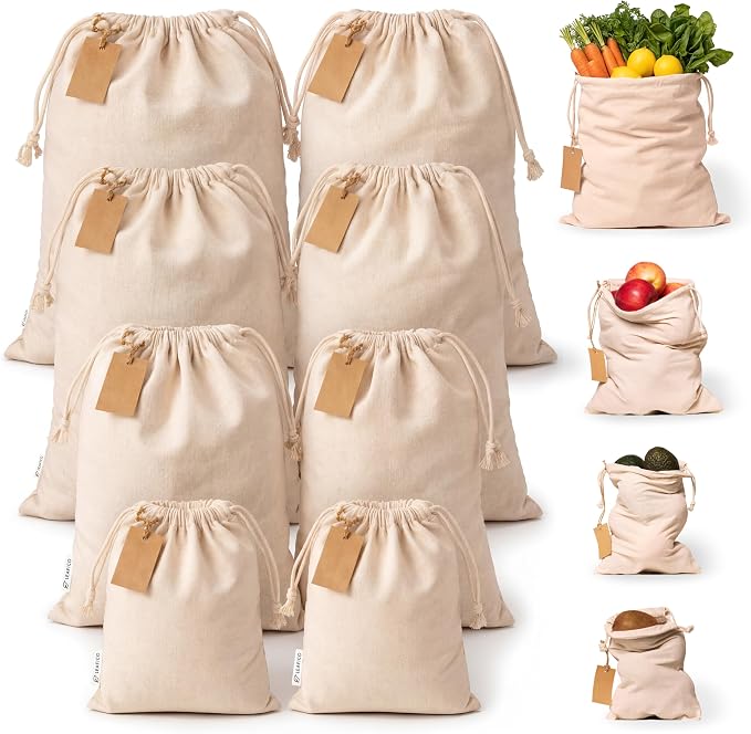 Muslin Cloth Bags with Drawstrings - Set of 8 (S, M, L, XL) - Reusable Natural Cotton Bags for Bulk Food Storage - Canvas Fabric Sachets