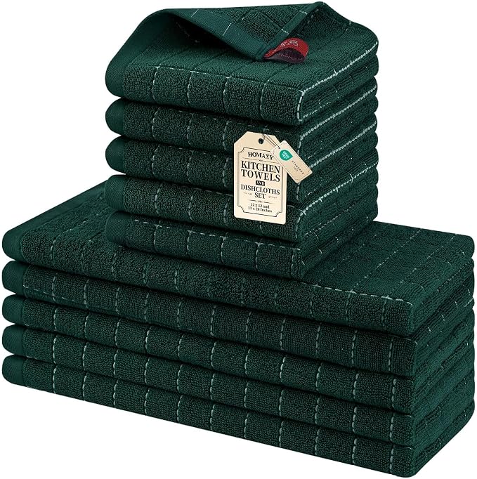 Homaxy Kitchen Towels and Dishcloths Set, Set of 10, Blackish Green | Bulk Cotton Terry Kitchen Towels, Checkered Designed, Soft and Super Absorbent Dish Towels, 12 x 12 and 13 x 28 Inches