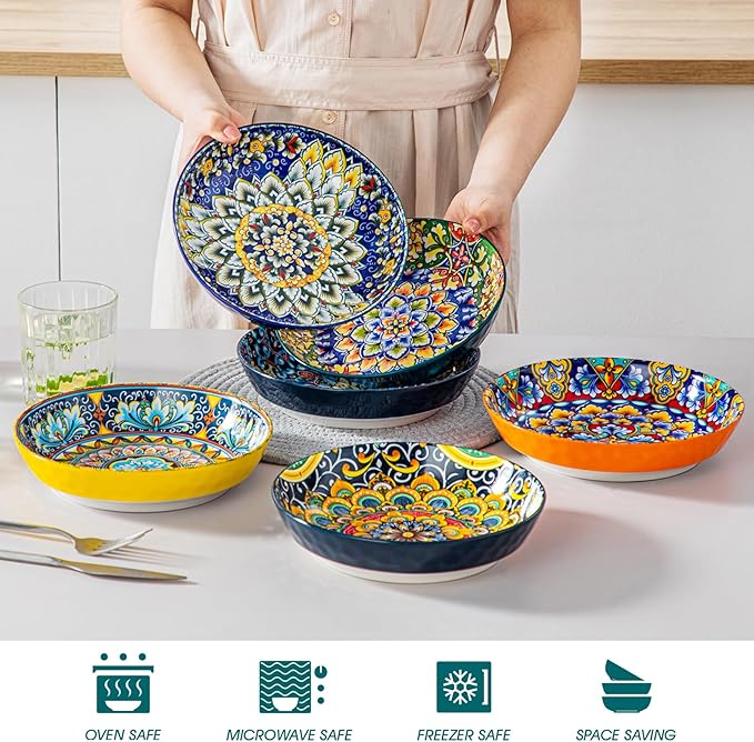 vancasso 32 Oz Pasta Bowls Set of 6, Ceramic Bohemian Soup Salad Bowls | Dishwasher and Microwave Safe Ceramic, Large 11.5 Inch Colorful Glazed Finish, Versatile Serving Bowls for Cereal and Dining