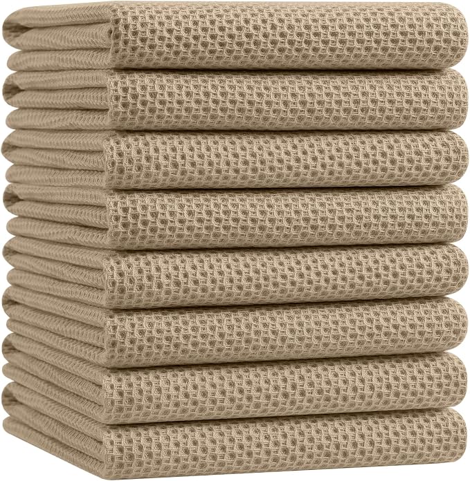 Homaxy 100% Cotton Oversized Waffle Weave Kitchen Towels 8-Pack, Tan | 20 x 28 Inches, Ultra Soft Absorbent Dish Towels, Quick Drying Large Cleaning Towels