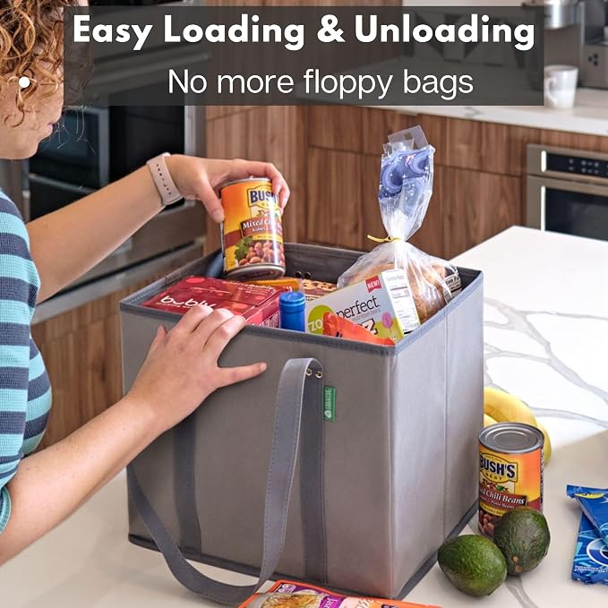 Creative Green Life Reusable Grocery Bags (3 Pack) – Heavy Duty Reusable Shopping Bags with Box Shape to Stand Up, Stay Open, Fold Flat – Large Tote Bags with Long Handles & Reinforced Bottom (Gray)