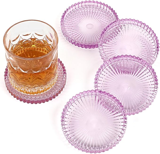 Modern Clear Coaster Set of 5- Glass Coasters for Drinks, Clear Purple | Crystal Coasters Round Cup Mat Coffee Table Decor for Office, Kitchen, Bar, Dining Room, Living Room, Patio