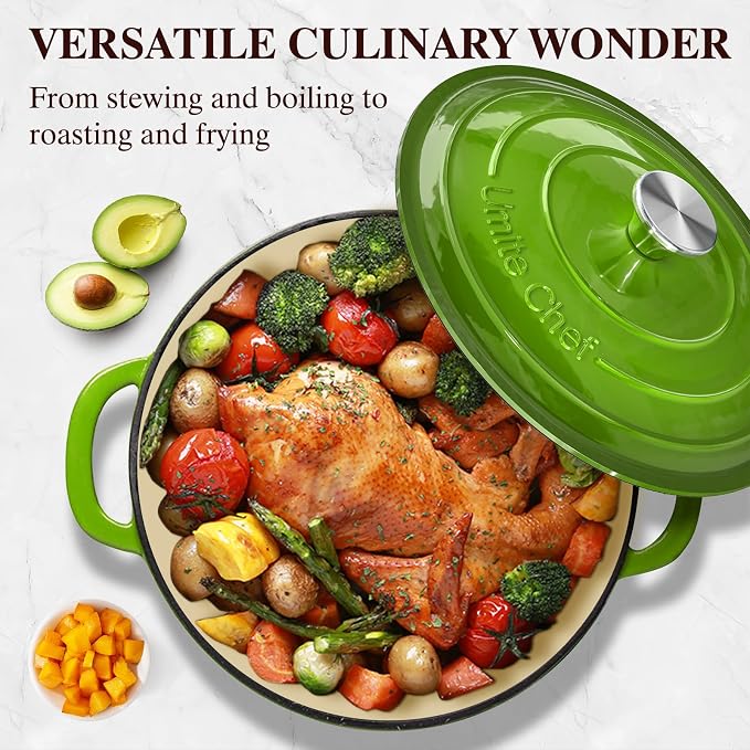 Umite Chef 7QT Enameled Cast Iron Dutch Oven with Lid & Cotton Potholders–Heavy-Duty Cookware for Bread Baking, Braising, Stews, Marinate, Cook,Refrigerate & Serve(Green)