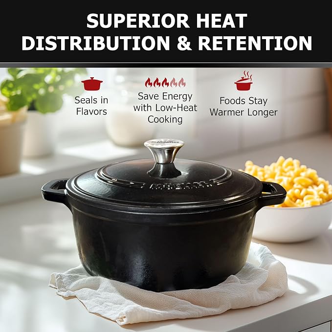 MUELLER HOME 6 Quart Enameled Cast Iron Pot Dutch Oven, Heavy-Duty | Oven-Safe to 500°F & Across All Cooktops, Casserole Dishes for Ovens, Bread Pan with Lid & Knob, Cast Iron Cookware, Black
