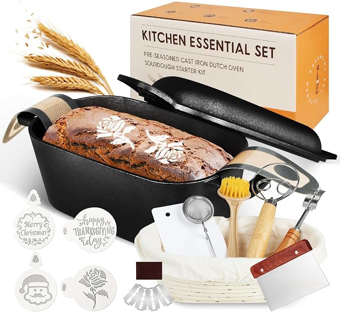Cast Iron Sourdough Loaf Pan with Lid, Oval Dutch Oven for Bread Baking | Pre-Seasoned Sourdough Baking Supplies Kit, Cast Iron Dutch Oven for Homemade Bread, Sourdough Bread Pan