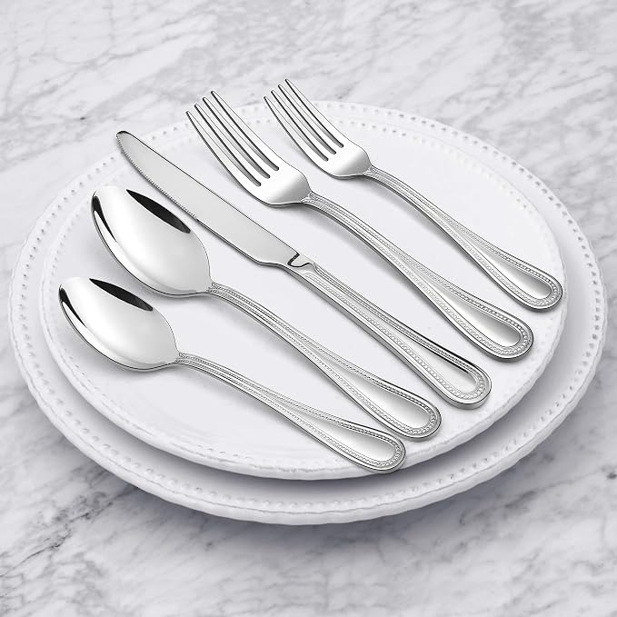 HaWare Silverware Set, 60-Piece Pearled Edge Stainless Steel Flatware for 12, Beading Tableware Cutlery Utensil for Home, Mirror Polished, Dishwasher Safe