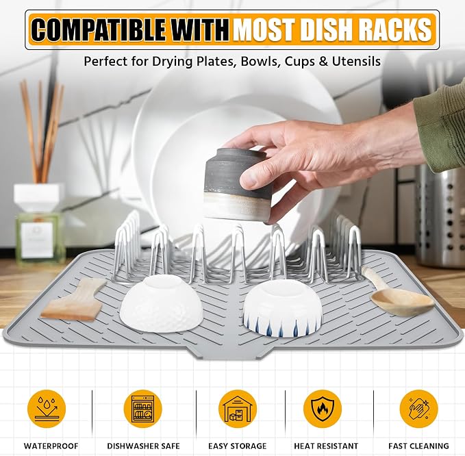 Silicone Dish Drying Mat with Built-in Drain Lip - Hygienic Drying Pad - Sturdy Compact Easy to Clean Tray Protects Surfaces Prevents Water Build Up - 23 X 17 (Grey)