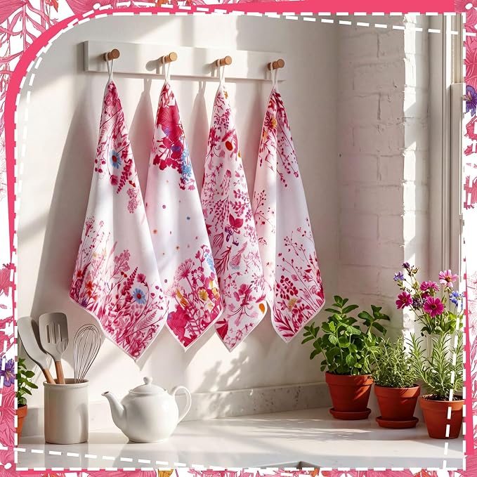 4 Pcs Wildflower Kitchen Towels, Pink and White Hand Dish Cloths | Fast Drying Absorbent Decorative Floral Daisy Wildflower Tea Towels, Housewarming Gift for Kitchen Cooking Baking Bathroom