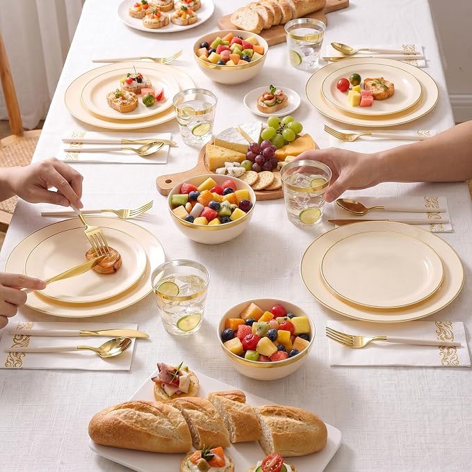 350 PCS lvory Plastic Dinnerware Set, lvory and Gold Rim Disposable Plates for 50 Guests, Include 100 lvory Plates with 150 Plastic Cutlery, 50 Napkins and 50 Cups