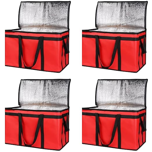 Bodaon 4-Pack Insulated Food Delivery Bag, XXX-Large Meal Grocery Tote Insulation Bag for Hot and cold Food, Commercial, Large Capacity Reusable Warming Bag, Red